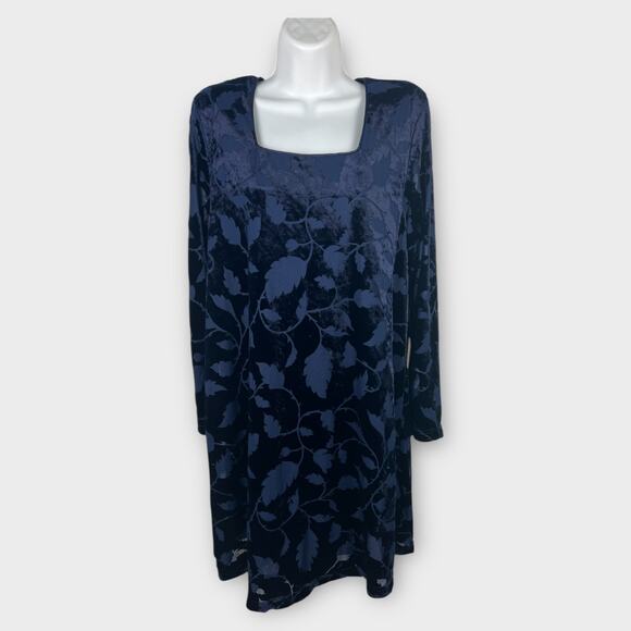 Vintage Blue Velvet Floral Burnout Long Sleeve Shift Dress Amanda Smith Size 10 - Picture 1 of 7